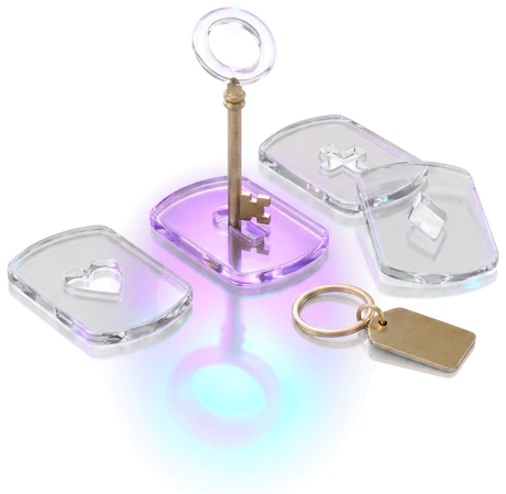 A brass skeleton key with a glass bow, standing in the one lock plate it fits — that plate glowing warm purple — beside three plates whose keyholes are each a different shape.