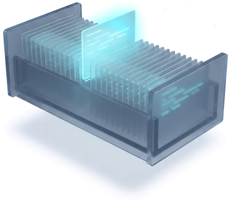 An open glass drawer holding dozens of identical cards, one lifted clear and glowing — the one that was searched for and found.