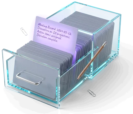 An open glass card index packed with cool grey unread cards, and one card lifted out in front of it glowing with a short paragraph of purple handwriting.