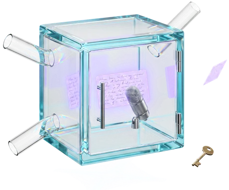 A thick-walled glass strongbox, shut, a steel microphone and a finished card magnified inside it, with three short empty tubes stopping well short of its walls.