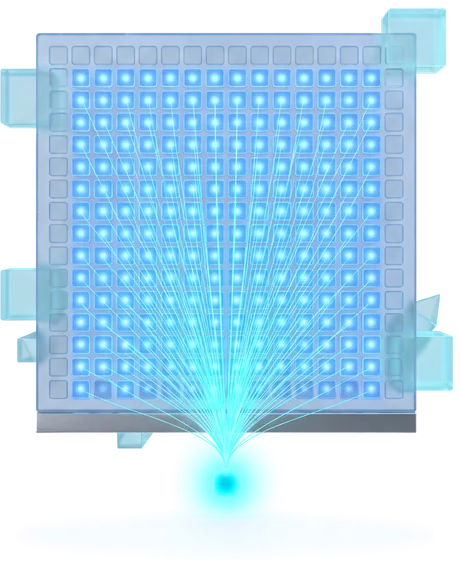 A glass control grid with every cell lit and no keyboard anywhere in the frame.
