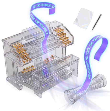 A glass organ console with brass stops beside a plain glass harmonica, the same purple ribbon of text rising from each.