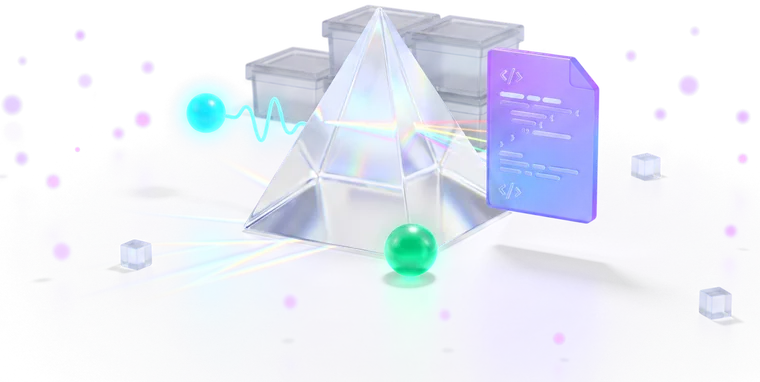 A glass prism turning speech into text, with a low stack of sealed, never-opened crates behind it.