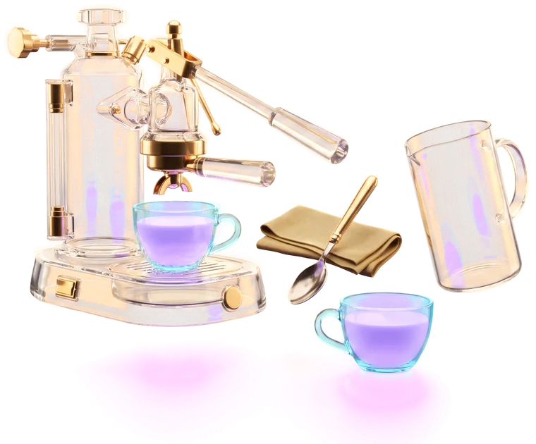 A lever espresso machine of glass and polished brass beside a plain one-piece glass press pot, each standing over an identical cup filled to the same level.
