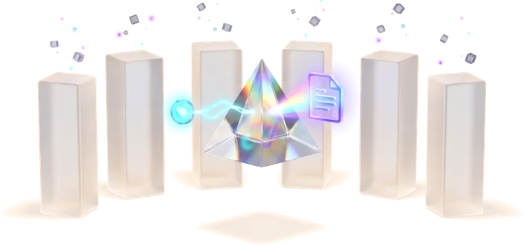 A glass prism lit and facing forward, with six anonymous empty plinths standing behind it.