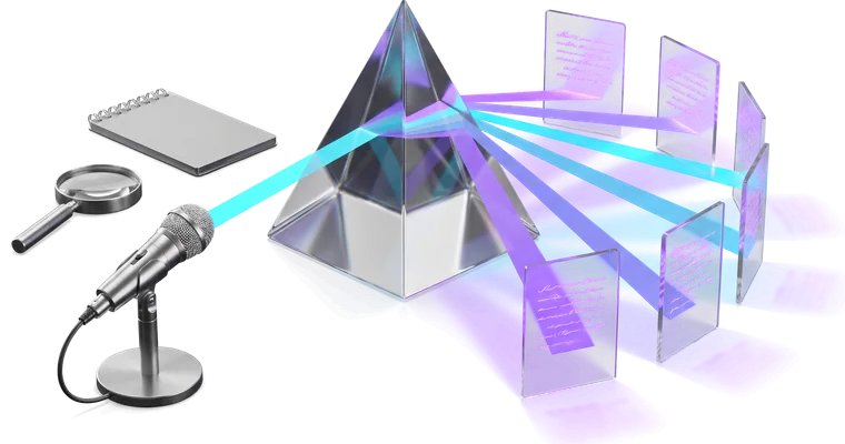 A glass prism taking one cyan ribbon from a steel desk microphone and separating it into six bands, each reaching its own upright glass card of text.