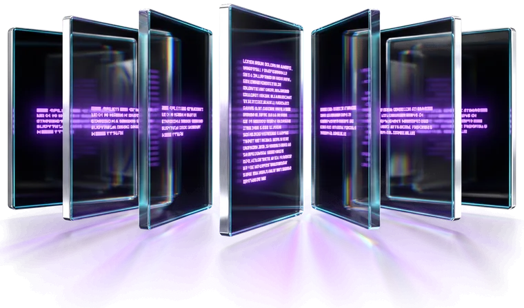 Seven identical glass panels in a shallow arc, one turned to face you with a longer, brighter paragraph than the rest.