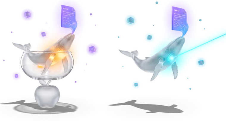 Two glass whales mid-song — one in a small bowl resting on an apple, one in open space — with identical documents rising from both.