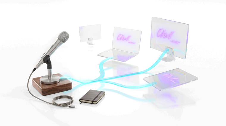 A steel desk microphone on walnut sending one cyan ribbon that splits into three, each strand filling a differently shaped glass screen with the same text, while a fourth screen behind them stays unlit.