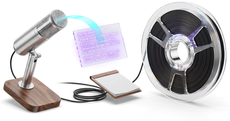 A steel desk microphone laying one cyan ribbon onto a glass card that fills with text, beside a large glass tape reel wound thick and dark with everything that was said.