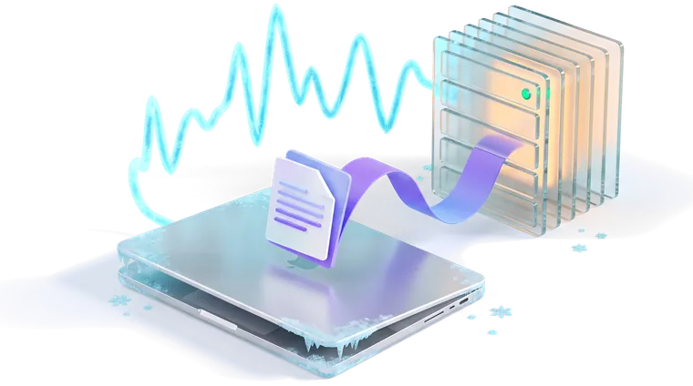 A frosted laptop with frost forming on its lid, a cyan waveform leaving it, and a glass server rack taking on the work instead.