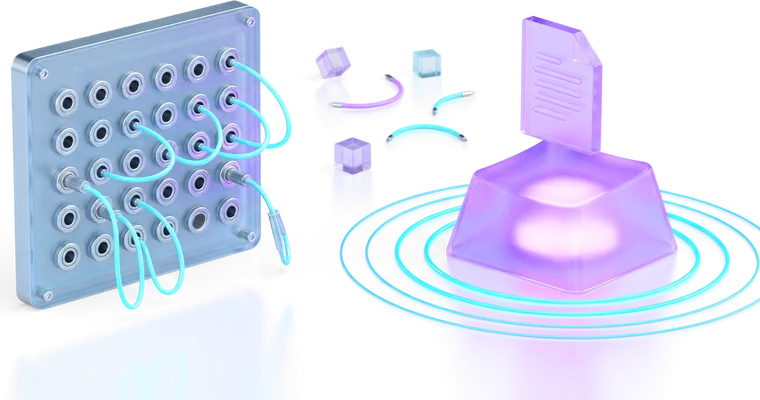 A modular glass patch panel with its cables still unplugged, beside one large glass key that has already been pressed and sent its ripple.