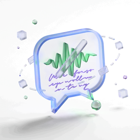 A chat bubble holding a green waveform above several lines of written text, fed by a small glowing orb.
